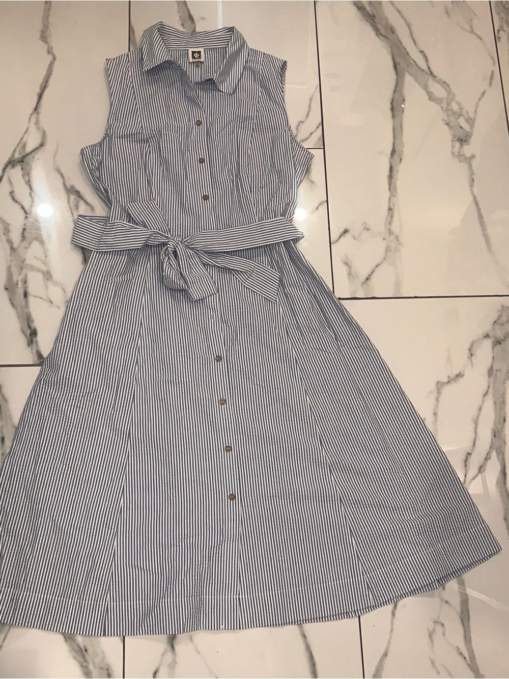 Anne Klein Blue & White Striped Sleeveless Shirt Dress with Tie